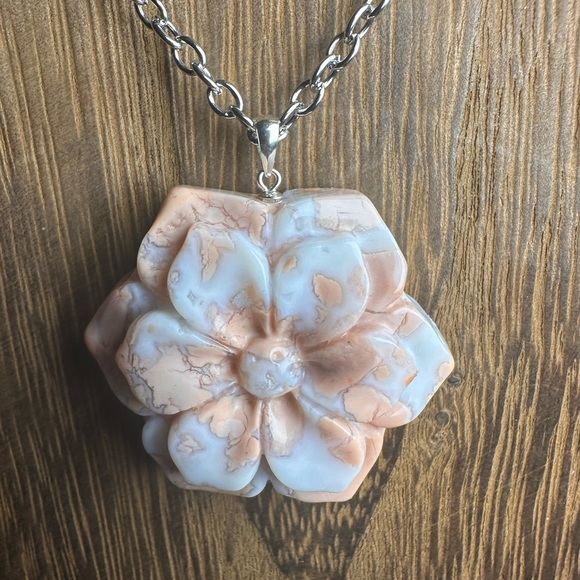 Pink Agate (“Cotton Candy Agate”) Flower Pendant on Stainless Steel Chain - Picture 4 of 14